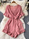 Summer New Korean Rompers Women Flared Sleeve Solid Ruffle Wide Leg Short Jumpsuits Casual Vacation Beach