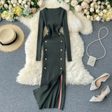 Women Sexy Split Knitting Dress Autumn Winter O Neck Long Sleeve Dress Korean Elasticity Warm Sheath Sweater