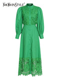 TWOTWINSTYLE Green Dresses For Women Stand Collar Puff Sleeve High Waist Hollow Out Slim Dress Female Style Summer 2022