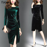 Vintage Velvet Dress New Women Long Sleeve Slim Side Split Dresses Knee Length Elegant Party Dress