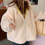 Hooded Ladies Plus Velvet Thick Coat All-match Jacket Pure Yellow Sweet and Cute Autumn and Winter Lamb Wool Loose Coat