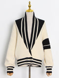 Patchwork Coat For Women V Neck Lantern Long Sleeve Striped Hit Color Knitting Cardigan Female 2023 Autumn New