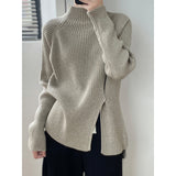 Women's Roll Collar Mock Slit Hems Striped Pit Relax Fit Sweater Winter Solid Color Pulls Casual