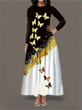 Women's Autumn And Winter Butterfly Print Long-Sleeved Dress Pocket Temperament Round Tie Sling A Word Long