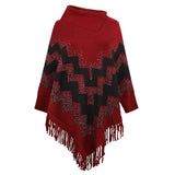 Autumn Winter Fringe Poncho Women Sweater Oversized Turtleneck Jumper Knitwear Holiday Vintage Cape Batwing Sleeve