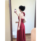 Casual Temperament Wave Point Print Hanging Neck V-Neck Dress Korean Waist Thin