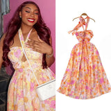 Hollow Hanging Neck Sling Dress Female Pure Lust Atmosphere Feel Waist Thin Temperament Super Fairy Holiday Floral