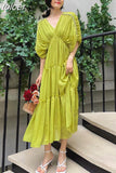 Ruched Midi Dresses For Female V Neck Batwing Sleeve High Waist Loose Summer dress women 2023 Fashion Clothes Style