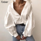 Vintage Sexy Button White Blouse Women Lantern Sleeve Oversized Loose Women Shirt Cotton Office Ladies Tops Blusas