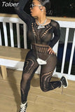See Through Hollow Out Fishnet Mesh Jumpsuit Long Sleeve Backless Sexy Nightclub Outfit for Women Wholesale