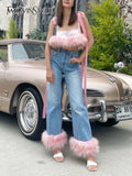 Skinny Two Piece Set Womens Square Collar Sleeveless Tops High Waist Denim Trousers Patchwork Feathers Female