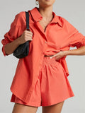 Fashion Patchwork Shorts Sets 2 Pieces Women Outfits Long Sleeves Lapel Shirts And Hot Shorts Splicing Summer