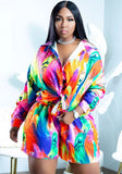 Printed Casual Turn-down Collar Long Sleeve Tie Dye Loose Shirt Plus Size Two Piece Short