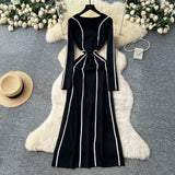 High-End Sense Niche Fashion Side To Receive Waist Round Collar Long-Sleeved Sweater Dress Female Thin