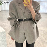 Dark Gray Wool Jacket Women with Belt Autumn Winter Notched Collar Chic Blend Coat Ladies Thicken Fall Outerwear