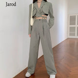 Piece Sets Womens Outfits Ladies Office Notched Collar Long sleeve Sexy Lace UP short Coat and High Waist Wide Leg Long