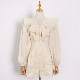 White Patchwork Ruffle Jumpsuit For Women V Neck Long Sleeve High Waist Elegant Jumpsuits Female Fashion New