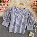 Women Blouses O-neck Puff Sleeve Crochet Floral Shirts Chic Hollow Out Blouse Lace Sweet Temperament Tops