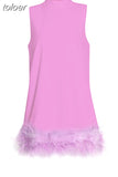 Summer Fashion Mini Dress For Women Round Neck Sleeveless Patchwork Feathers Loose Dresses Female 2023 Clothing