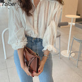 Hollow Hook Flower Women's Blouse Elegant Lace White Woman Shirt Casual Long Sleeve Loose Stand Collar Shirts Tops