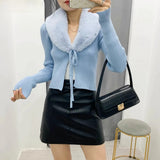 Female Long Sleeve Outerwear Chic Tops Women Fashion Patchwork Faux Fur Knitted Cardigan Sweater Vintage With