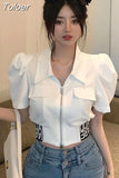 Blusas De Mujer Summer Blouses for Women Puff Sleeve Zipper Crop Tops Temperament Shirts Fashion Korean Tunic White