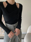 Fashion Women's 2 Pcs Set Halter Tank Tops Cross V-neck Slim Knitted Long Sleeve Swearter Suit Autumn 2023 New
