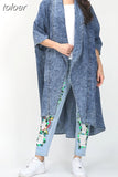 Blue Denim Trench For Women Lapel Batwing Three Quarter Sleeve Loose Big Size Windbreakers Female 2023 Autumn
