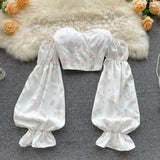 Women Boho Floral Blouse French Lace Square Collar Puff Sleeve Slim Ruffles Tops Autumn Korean Elastic Ruched