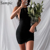 Summer Beach Green 2021 Casual Hollow Out Y2K Women Sexy Mini Wrap Dress Party Halter Neck Black Backless Short