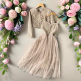 And Winter Small Fragrant Style Set Of Women's Short Cardigan Coat + Sling Net Yarn Dress Two