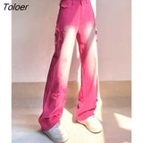 Star Patches Designs Pink Cute Y2K Low Rise Jeans Washed Tie Dye Gradient Straight Denim Pants Women Korean
