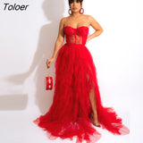 Solid Strapless Sheer Mesh Ruffle Party Maxi Long Dress Black Red Lace Patchwork Sexy Elegant Dresse Robe Femme