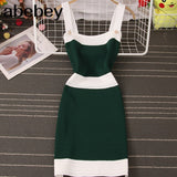 Women Sexy Strapless Contrast Color Sleeveless Spaghetti Strap Beach Knitted Bodycon Vest Mini Dress