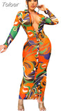 Fashion Print Mesh Sheer Bodycon Dresses for Women 2023 Fall Sexy Nightclub Button Up Long Sleeve Maxi Dress
