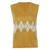 Casual Autumn Sleeveless Sweater Vest V Neck Plaid Knitted Jumpers Women Preppy Style Fashion Korean Knitwear