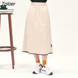 Women Skirt 2022 Winter A Line Elastic Waist Loose Embroidery Apricot Chic Casual Streetwear Midi