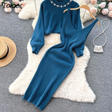 Winter Women Knitted Sets Fashion Breading Long Sleeve Pearl Sweater+Knitted Camis Dress Sets Fashion Sweater