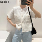 Korean Cardigan Women Clothing Short Sleeve Single Breasted Sweater O Neck Knit Black Tops 2023 Fashion White Coat