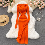 Women Korean Knitted Dress Long Sleeve V Neck Elastic Slim Pencil Dresses 2022 Autumn Sexy Bodycon Split Sweater
