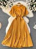 Summer Women Pleated Dress Vintage Round Neck Hollow Out Short Sleeve High Waist Casual Vestidos Elegant Draped Purple/Red