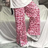 Women Wide Leg Leopard Loose Casual Female Trousers Side-slit New Korean Fashion Students High Waist All-match