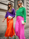 Elegant Women Satin Skirt Pink 2022 High Waist Long Skirts Vintage Orange Silkly Skirts A-Line Ladies High