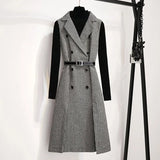 Women Houndstooth Tweed Notched Plaid Dress Two Piece Set Winter Knitted Sweater And Double-Breasted Vest Party Midi Dress