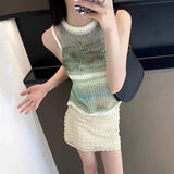 Y2k Aesthetics Knitted Vest Fairycore See Through Crop Top 2000s Harajuku Patchwork Sweater Vest Gradient Korean