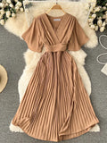 Women's Dress Temperament French Pleated Slim Long Vacation Style Chiffon Pleated Skirt Solid Color V-neck Women's