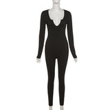 Women Solid Color Ribbed Knitting Jumpsuit Sexy Front Long Sleeve Fitness Slim Skinny Rompers
