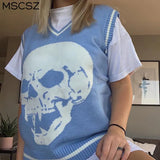 2022 Women's Knitted Vest Blue Skull Print Sleeveless Sweater Vest Waistcoat Casual Oversize Vest Pullover Green