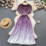 Pleated Gentle Women Summer Dress 2022 Sashes V Neck Temperament Elegant Vacation Ladies Solid Chic A Line