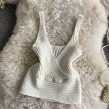 Pit Knitted Vest V-Neck With Solid Color High-Rise Bare Back Street Short Sling